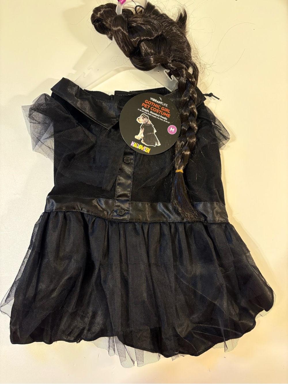 Halloween Gothic Girl Pet Costume Dress with Braided Wig - Black